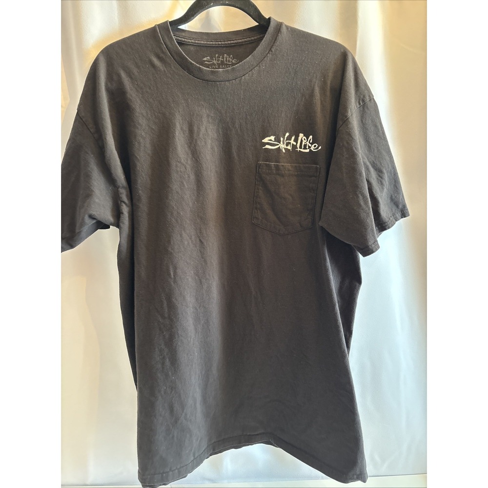 Salt Life Pocket T-Shirt Men's Size XL Black‎ Logo Crew Neck One Cast At A Time